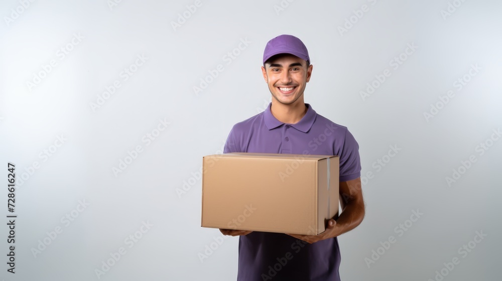 Delivery man employee in violet cap and violet uniform hold empty cardboard box Delivery man employee in violet cap and violet uniform hold empty cardboard box