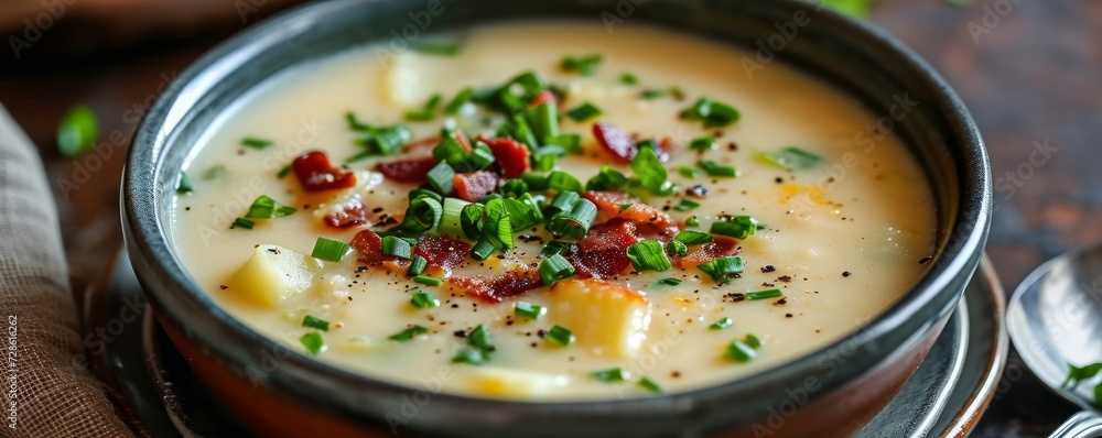 Creamy baked potato soup with bacon, scallions and cheese, Generative AI