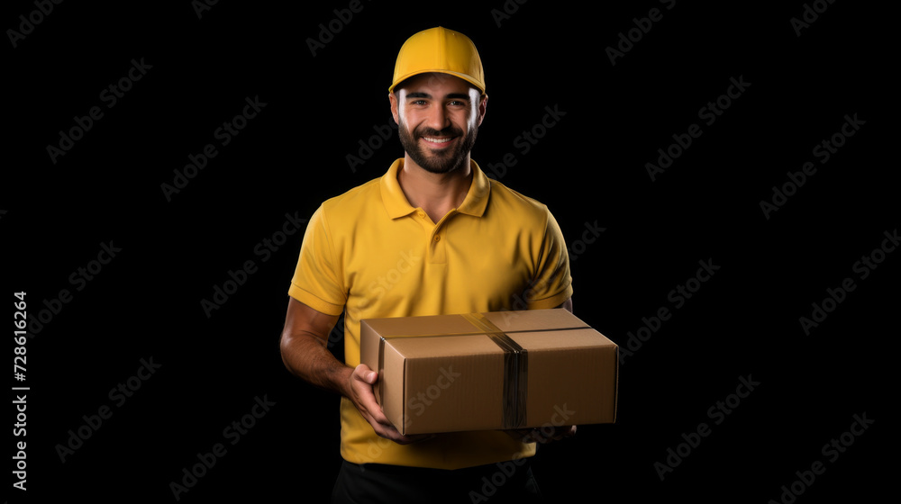 Delivery man employee in yellow cap and yellow uniform hold empty cardboard box Delivery man employee in yellow cap and yellow uniform hold empty cardboard box