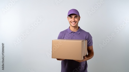 Delivery man employee in violet cap and violet uniform hold empty cardboard box