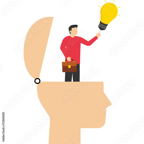 Smart thinking, creative mindset or emotional intelligence, smart thinking or psychology concept of wisdom or intuition in genius brain, smart businessman turning on light bulb idea in his genius head