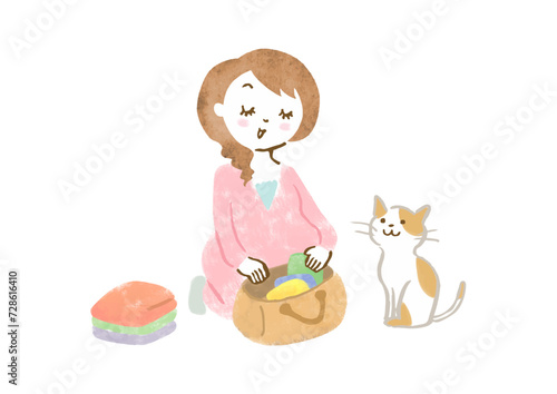出産のための入院準備をしている妊婦さんと猫の手描きイラスト