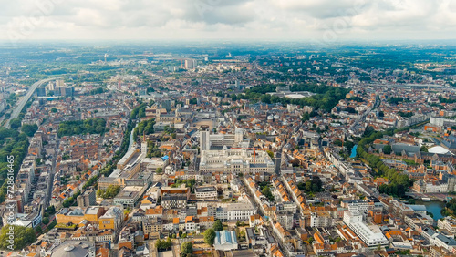 Ghent, Belgium. Panorama of the city from the air. Cloudy weather, summer day, Aerial View