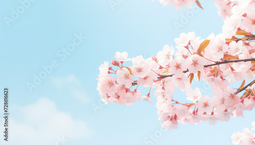 Blooming pink cherry blossoms on the background of the sky