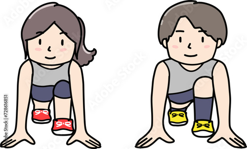 スタートラインでスタンバイする男女イラスト