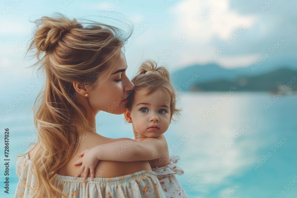 A blissful mother cherishes her little one, as they bask in the warm embrace of summer on the beach, surrounded by the serene sky and gentle waves, their love captured in a sweet kiss A blissful mother cherishes her little one, as they bask in the warm embrace of summer on the beach, surrounded by the serene sky and gentle waves, their love captured in a sweet kiss