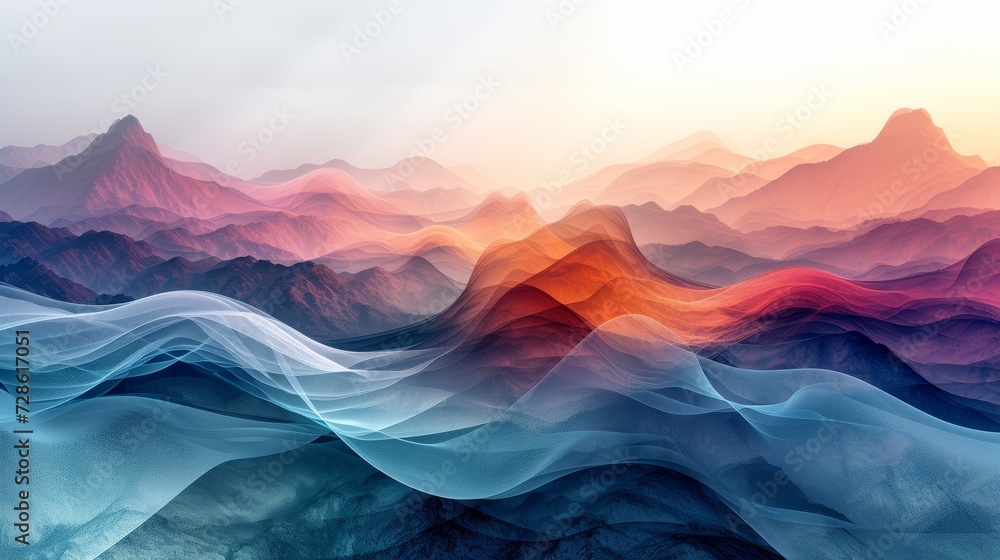 Digital soundwaves interwoven with surreal landscapes, merging music and art