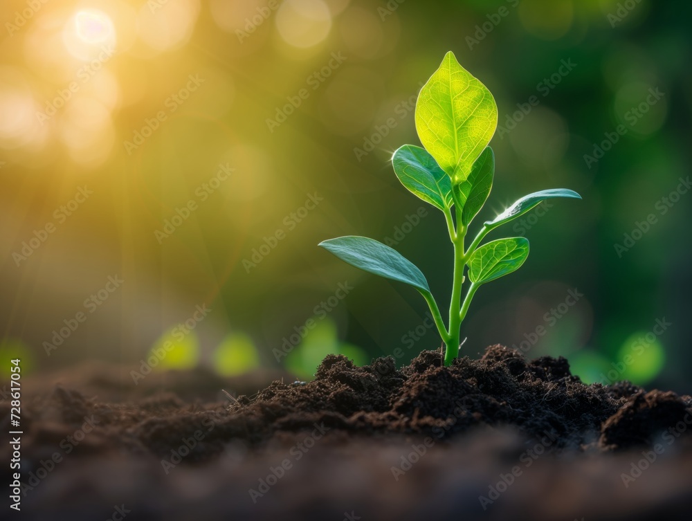 Young Plant Sprouting in Fertile Soil With Morning Sunlight Filtering Through Trees Young Plant Sprouting in Fertile Soil With Morning Sunlight Filtering Through Trees
