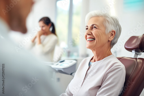 Cute elderly gray-haired woman smiling with white teeth, sitting in dental chair in the clinic. Concept of dental treatment, health, consultation with an orthodontist, stomatology, medical care