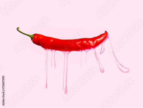 Red chili pepper with dripping pink gel on pink background.