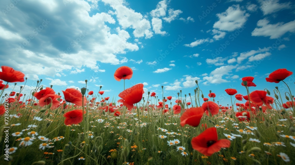 Obraz premium Beautiful natural background with poppy flower field and blue sky large copyspace area with copy space for text