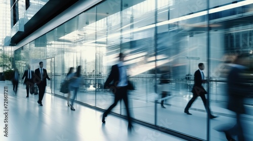 Blurred business background. Walking businessmen in a modern glass office center, shopping mall, bank. Movement effect, stylish interior with green plants