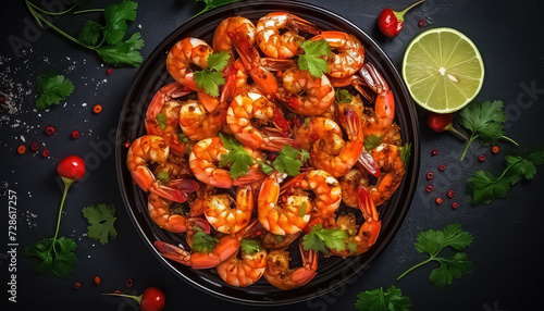 Boiled shrimp with lime on a black plate