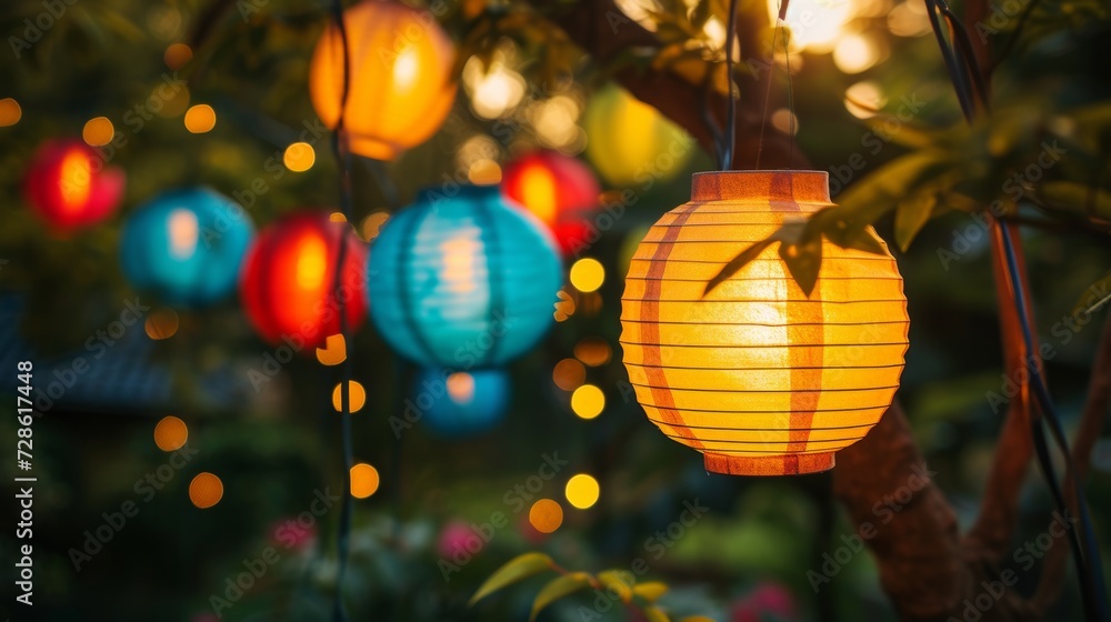 Obraz premium Colorful lanterns hanging from tree branches, illuminating a festive garden party