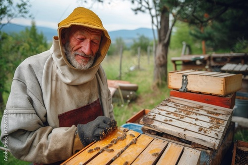 A solitary beekeeper tends to his buzzing companions, hidden behind a hood and gloves, amidst the serene outdoor apiary nestled under a tree photo