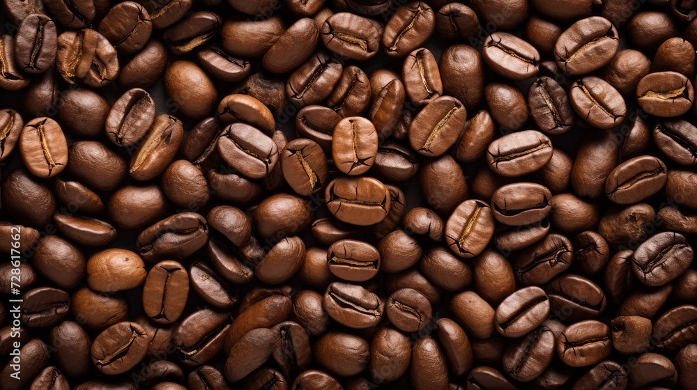 Obraz premium Coffee background. Coffee beans close-up, top view. Coffee texture. Ingredient for preparing a flavored drink. Dark background for design