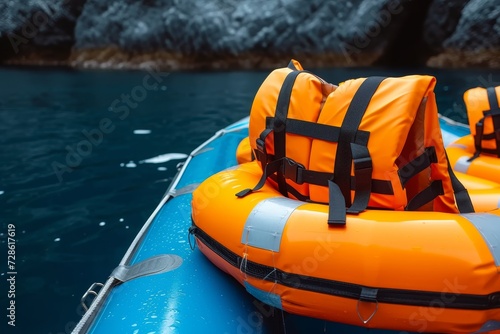 Amidst the vast blue ocean, a vibrant orange life vest stands out on a small inflatable boat, providing safety and security for an adventurous day on the water © Pinklife