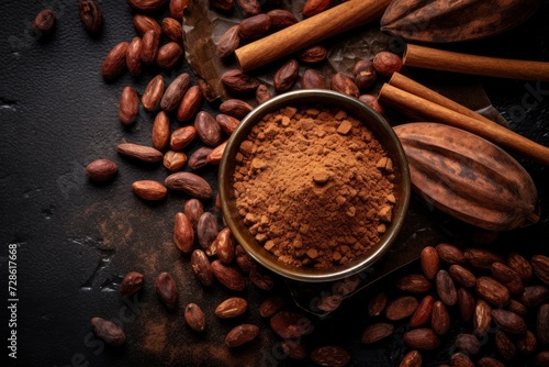 Ground cocoa in a bowl, cocoa beans, pods on a dark background, top view. A flavorful ingredient for making chocolate. Cocoa powder