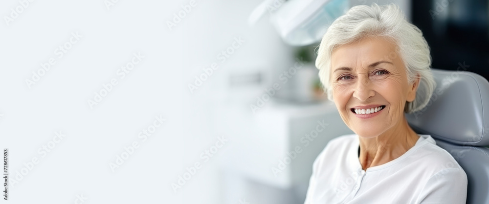 Fototapeta premium Cute elderly gray-haired woman smiling with white teeth, sitting in dental chair in the clinic. Concept of dental treatment, health, consultation with an orthodontist, stomatology, medical care Banner