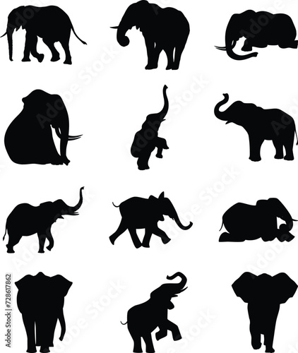 African elephants silhouette set vector illustration