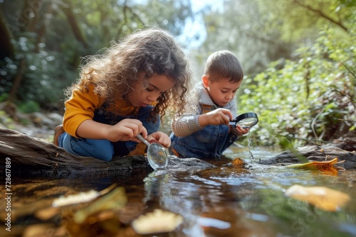 In the tranquil setting of a river in autumn, a young boy and girl stand by a tree, mesmerized by the reflection of their faces in the water as they examine the world through a magnifying glass