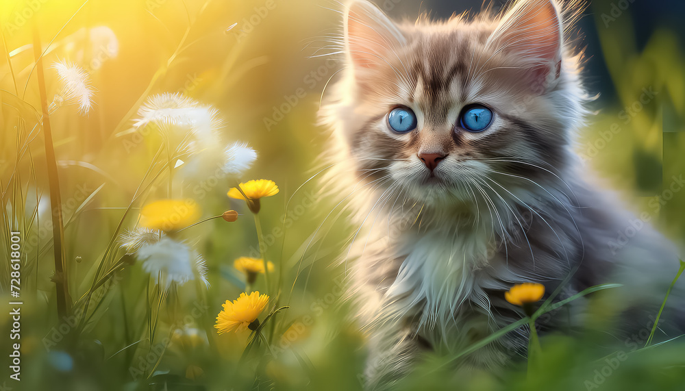 Cute blue-eyed cat on the background of a flower meadow