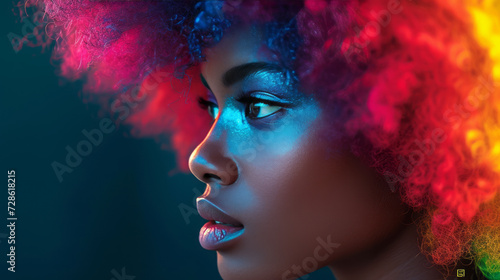 Close-up portrait of attractive young black woman with perfect makeup and afro hairstyle against dark background. Beautiful girl with dyed multi-colored hair. Retro style, fashion, diversity.