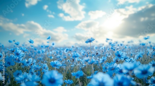 Beautiful natural background with blue flower field and blue sky large copyspace area with copy space for text