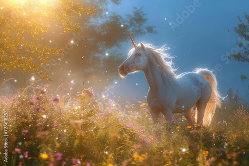 A majestic mare with a shimmering mane stands gracefully in a lush field of vibrant flowers, embodying the beauty and magic of the untamed outdoors © Pinklife