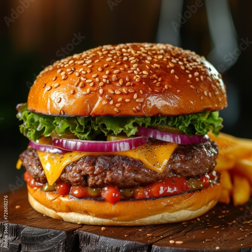 tasty american burger opn wood background