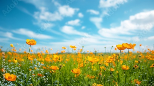 Beautiful natural background with orange flower field and blue sky large copyspace area with copy space for text,