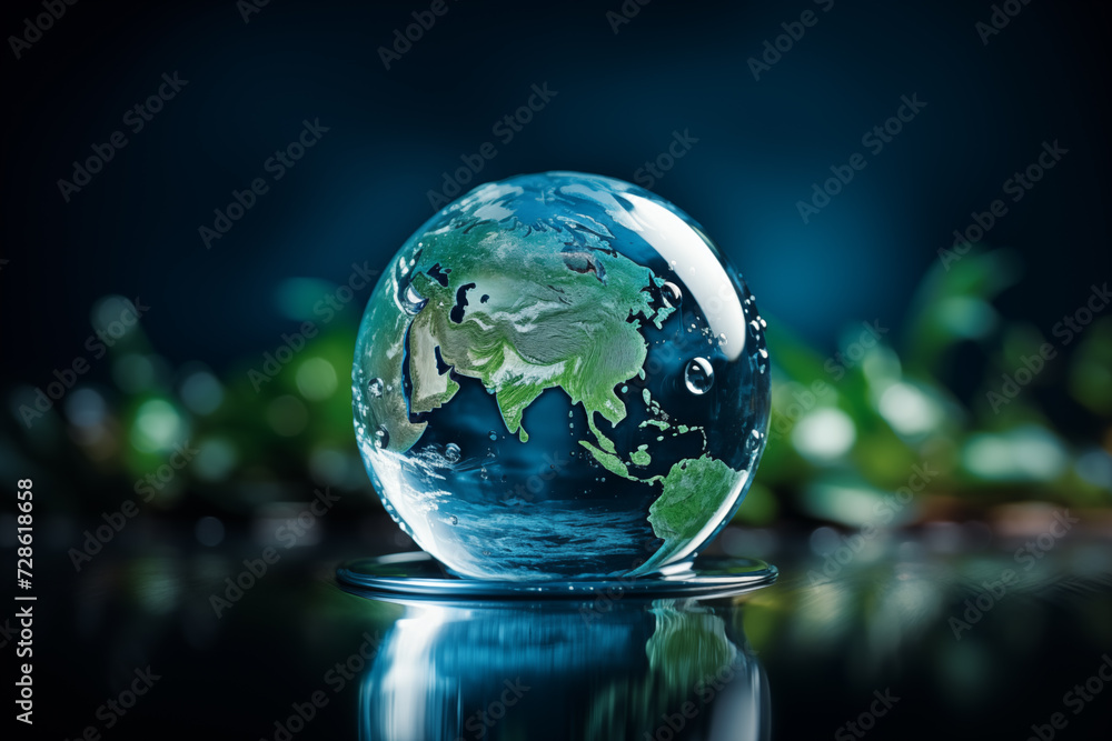 A transparent glass globe with the continents in green, representing Earth, rests on a reflective surface surrounded by water droplets.