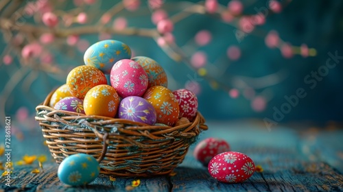 Vibrant Easter eggs arranged in a picturesque basket, radiating festive colors and patterns