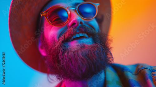 Person in glasses in colorful lighting. Hipster harmony in vibrant hues