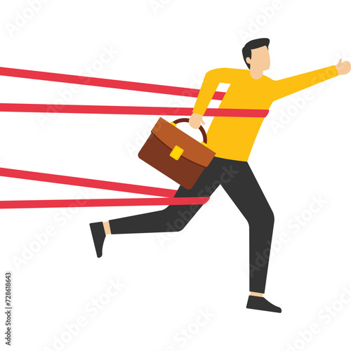 limitations and traps or challenges to overcome success concept, Man tied with red ribbon trying to escape with full effort. Business difficulties or struggles with career barriers.