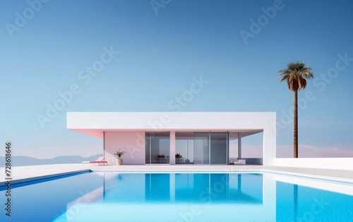 realistic photo of a minimal modern house with a swimming pool. generative ai