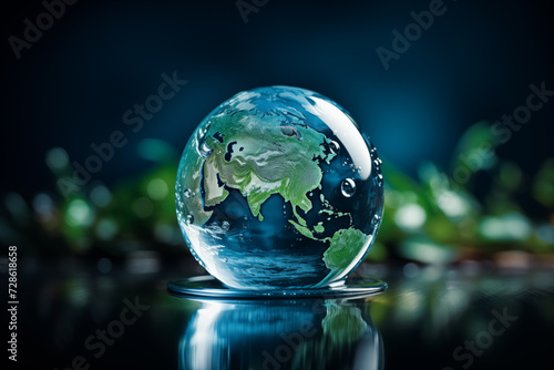 A transparent glass globe with the continents in green, representing Earth, rests on a reflective surface surrounded by water droplets.