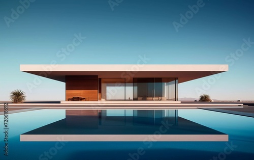 realistic photo of a minimal modern house with a swimming pool. generative ai © KBL Sungkid