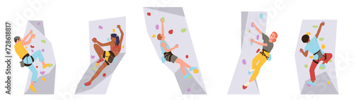 Adult people climber cartoon characters training on artificial wall in extreme gym isolated set