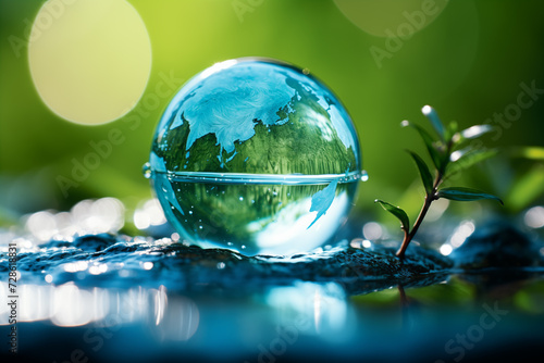 A transparent glass globe with the continents in green, representing Earth, rests on a reflective surface surrounded by water droplets.