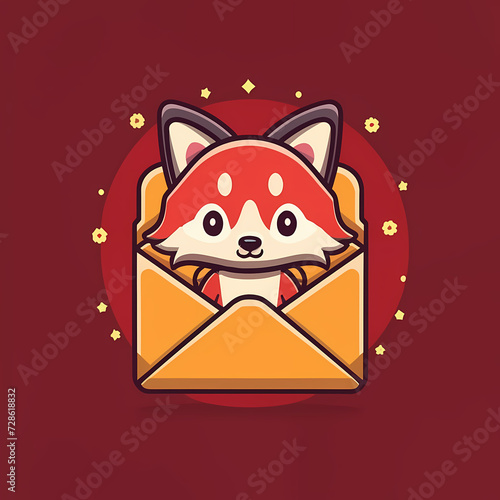 Flat logo of chibi fox isolated on a red lucky envelope background.