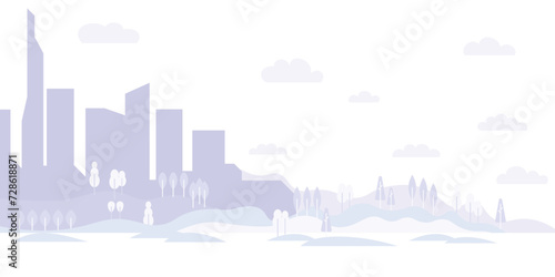Background of the city and nature in light blue colors, monochrome cityscape, modern architecture, trees and fields.