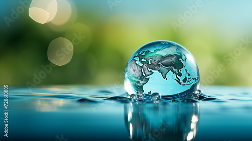 A transparent glass globe with the continents in green, representing Earth, rests on a reflective surface surrounded by water droplets.