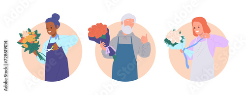 Isolated round composition with happy experienced man and woman florist cartoon character at work