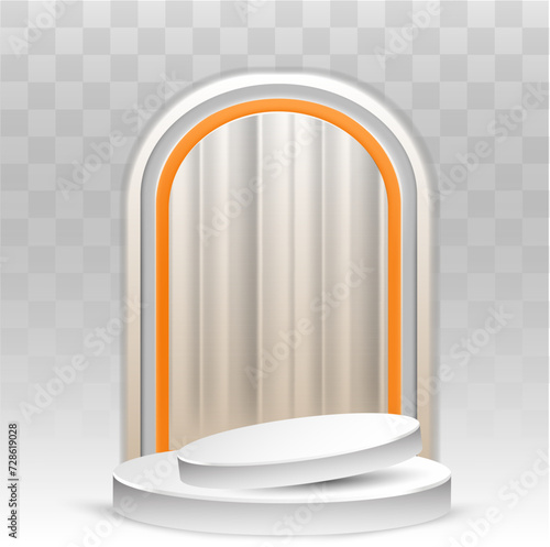 Abstract curtain scene background 3d white round podium product presentation silver background and people.