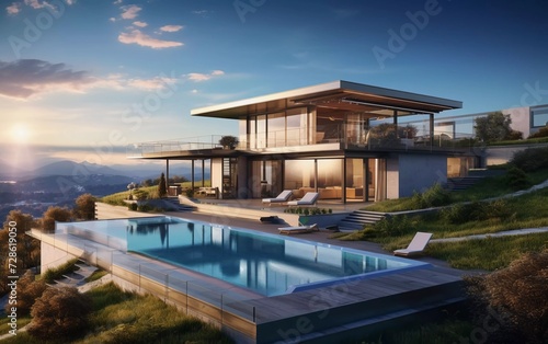 comfortable modern house on a hill with garage and swimming pool. generative ai © KBL Sungkid