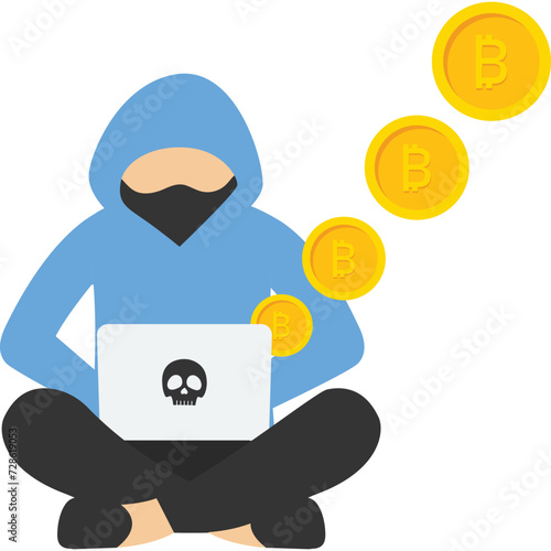 Masked scammer steals cryptocurrency on laptop. Thief steals bitcoins. Criminals steal cryptocurrency. cyber crime vector illustration, mining virus concept