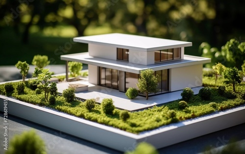 house model with a modern minimalist design and green garden. generative ai © KBL Sungkid