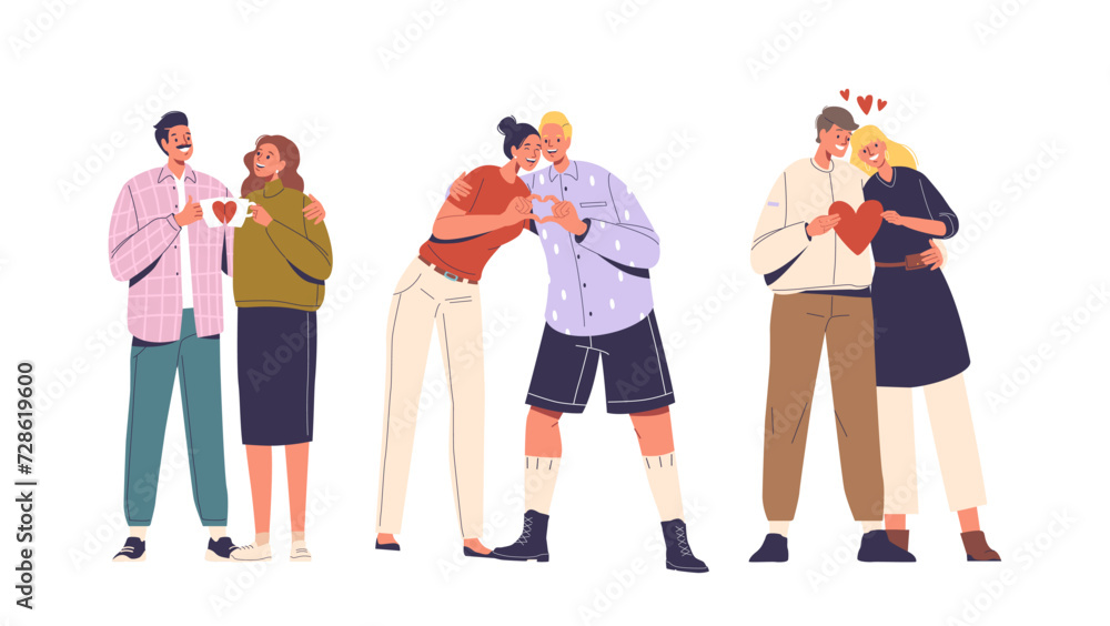Fototapeta premium Blissful Couples, Hands Entwined, Radiates Joy While Holding Hearts, Symbolizing Their Love, Vector Illustration