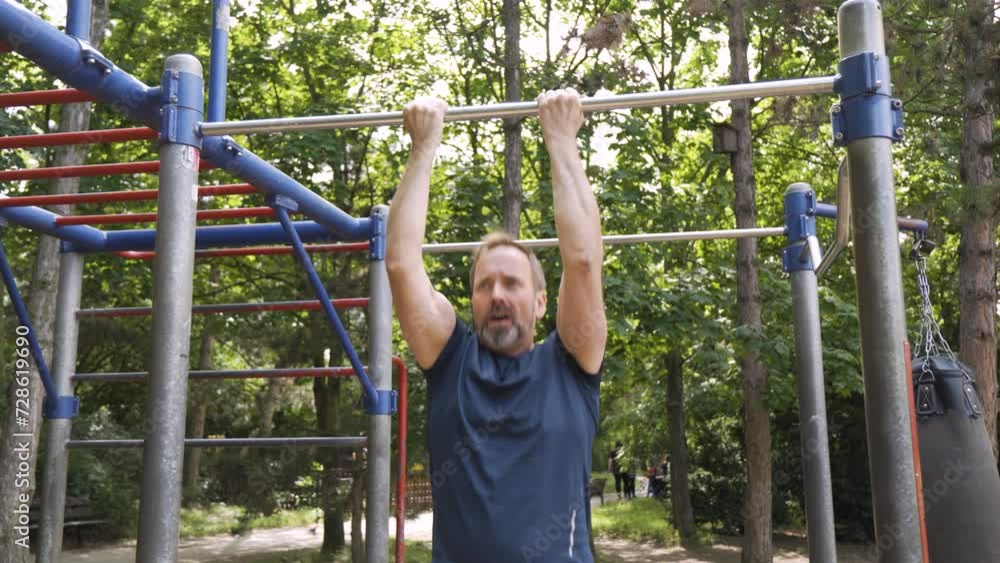 A handsome middle-aged Caucasian man does chin-ups in a park on a sunny day A handsome middle-aged Caucasian man does chin-ups in a park on a sunny day